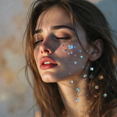 The primary subject of the image is a woman with a beautiful face, featuring a mix of glittery and shiny makeup on her face. She is looking upwards, possibly at the camera or the sky. The setting is a room with a wall, and the visual style appears to be a combination of a photo and digital art. The colors and mood of the image are vibrant and lively, with the glittery makeup adding a touch of sparkle to the scene.